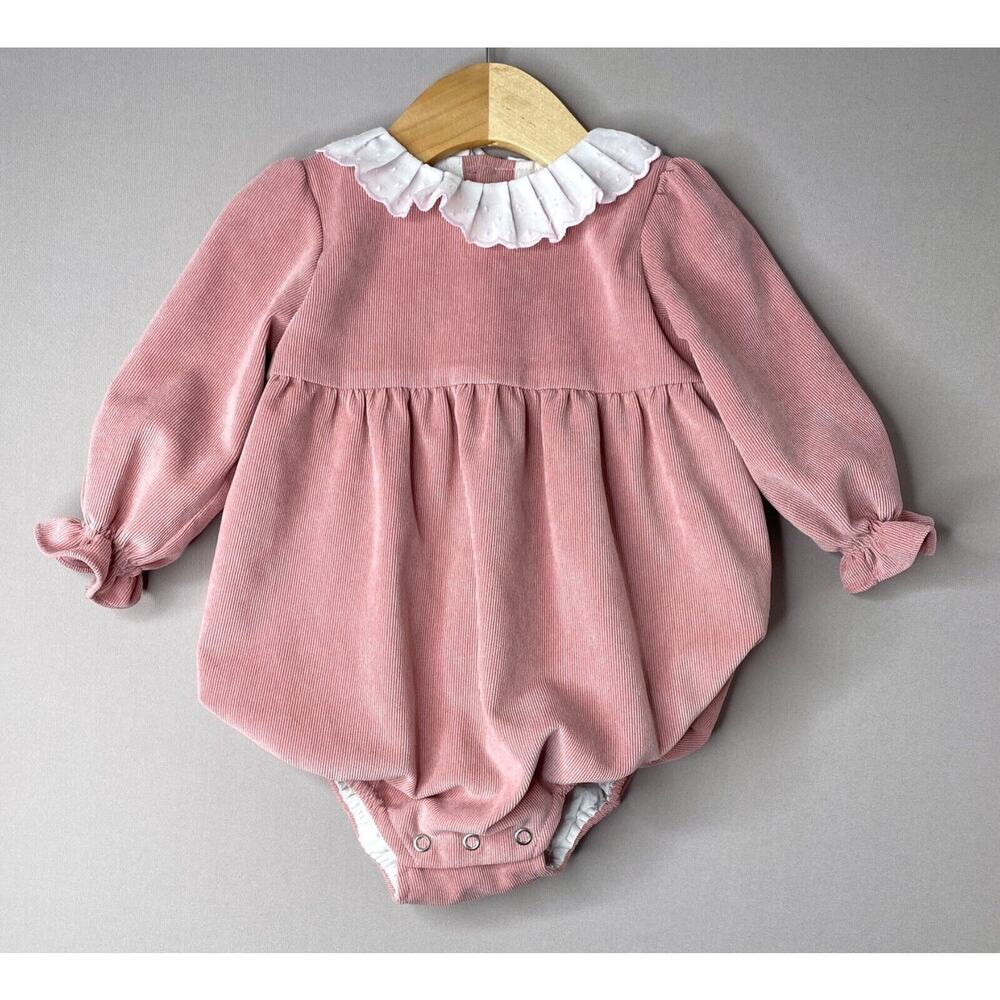 D.O.T. BABY Pink Corduroy Ruffle Collar Bubble Romper Girls 6-12 Mo Portugal